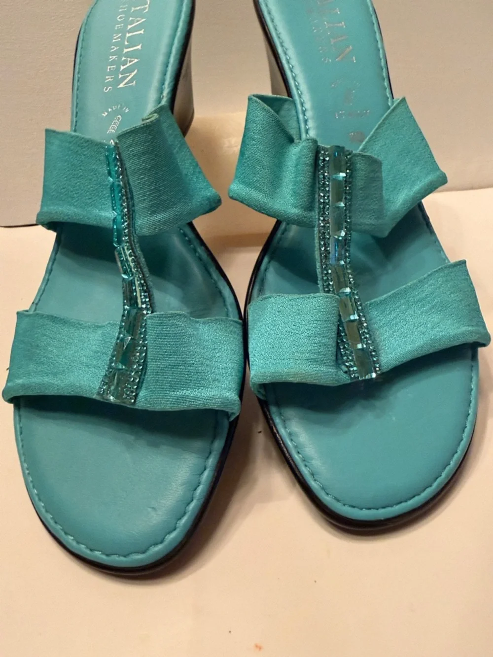 Italian Shoe Makers turquoise blue wedge heels with bling